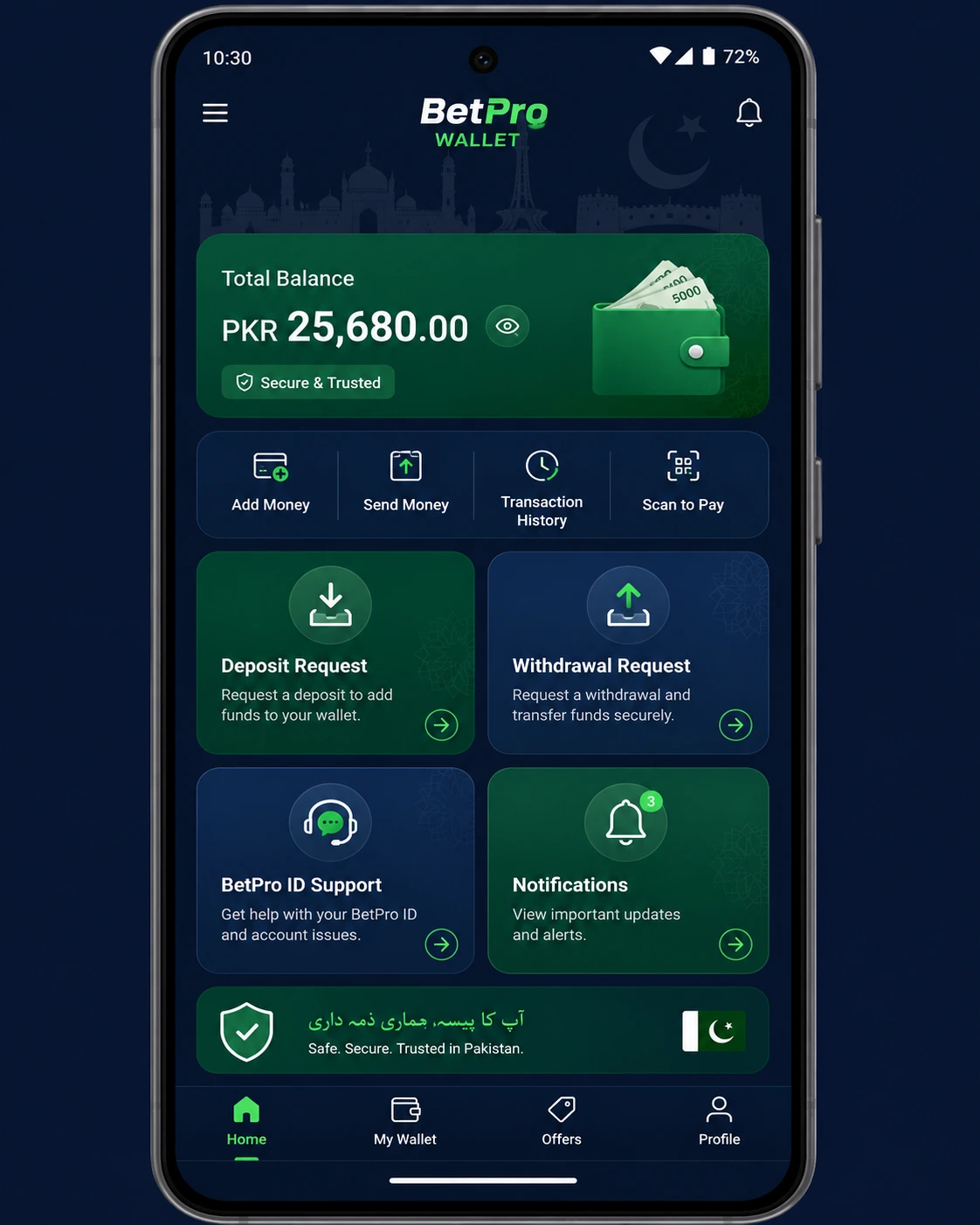 BPExch Wallet app on Android phone showing dashboard after sign up in Pakistan BPExch Wallet app on Android phone showing dashboard after sign up in Pakistan