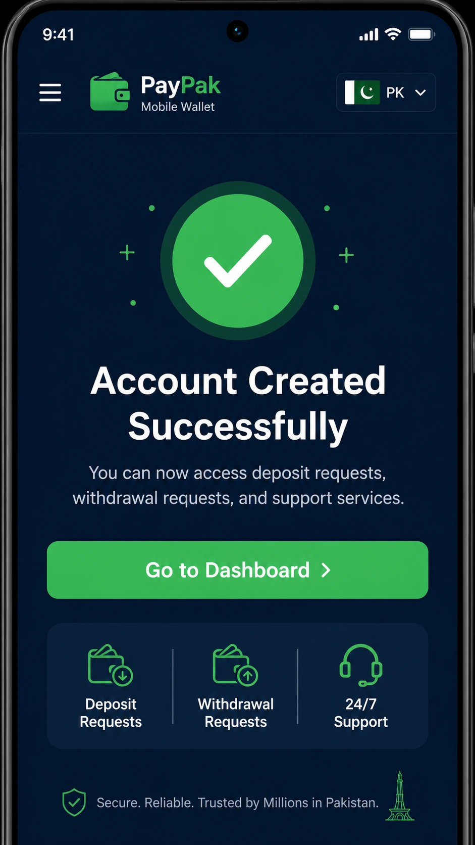 BPExch Wallet registration success screen showing account confirmed for Pakistan user BPExch Wallet registration success screen showing account confirmed for Pakistan user