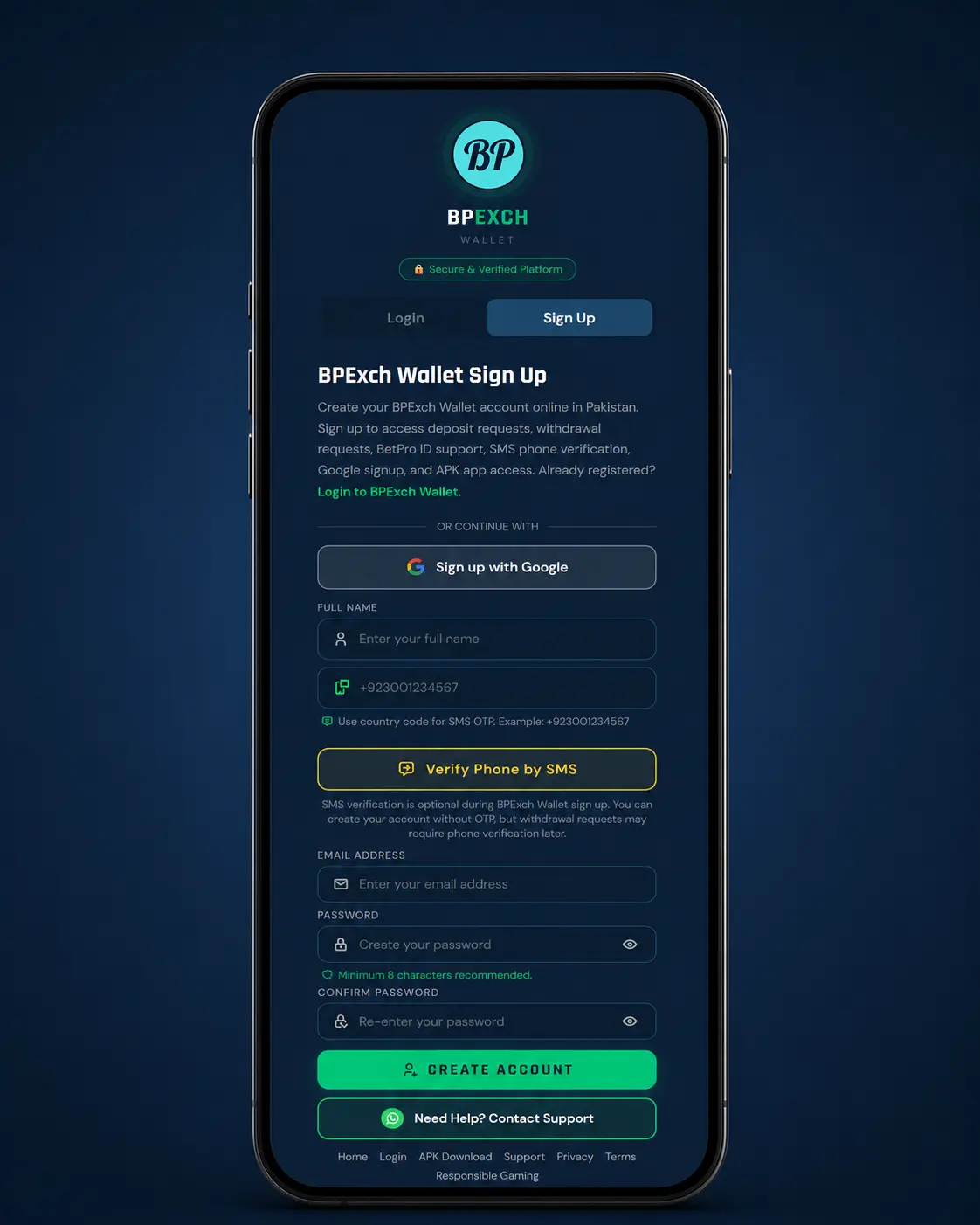BPExch Wallet sign up page Pakistan showing registration form for new users BPExch Wallet sign up page Pakistan showing registration form for new users
