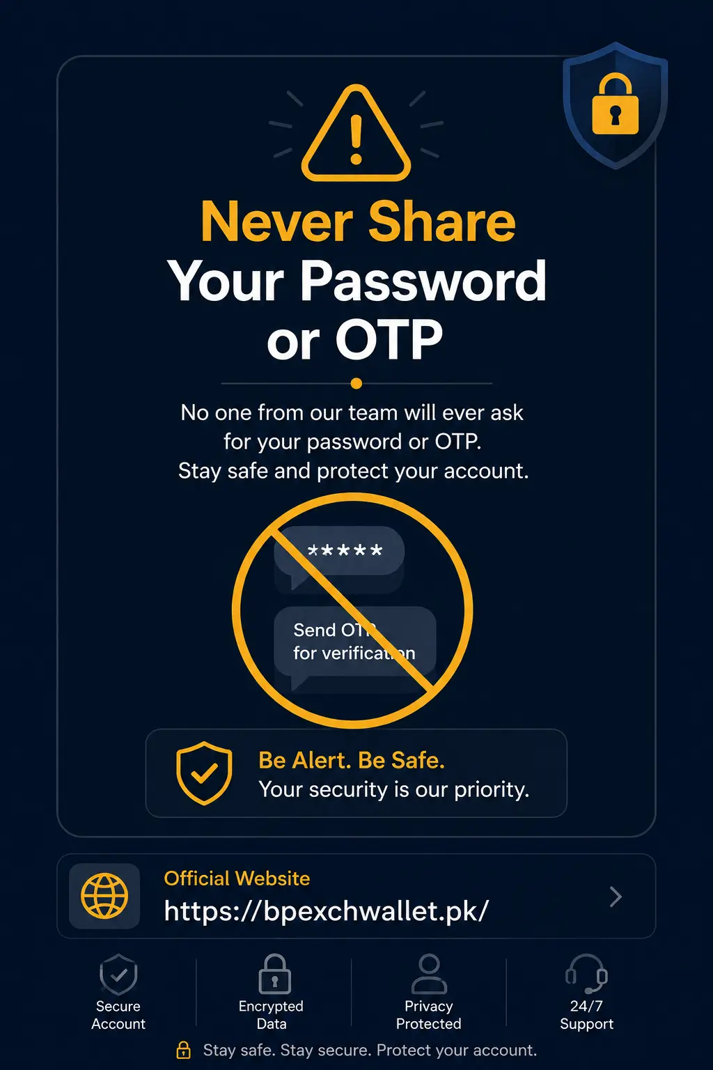 Warning illustration showing fake support request asking for BetPro account number and password