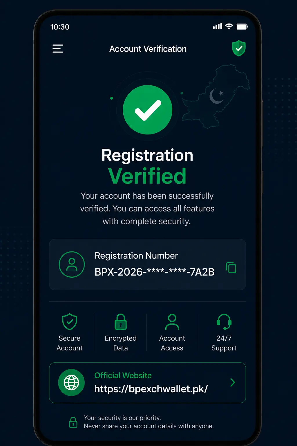 BetPro account registration number verification screen for Pakistan users